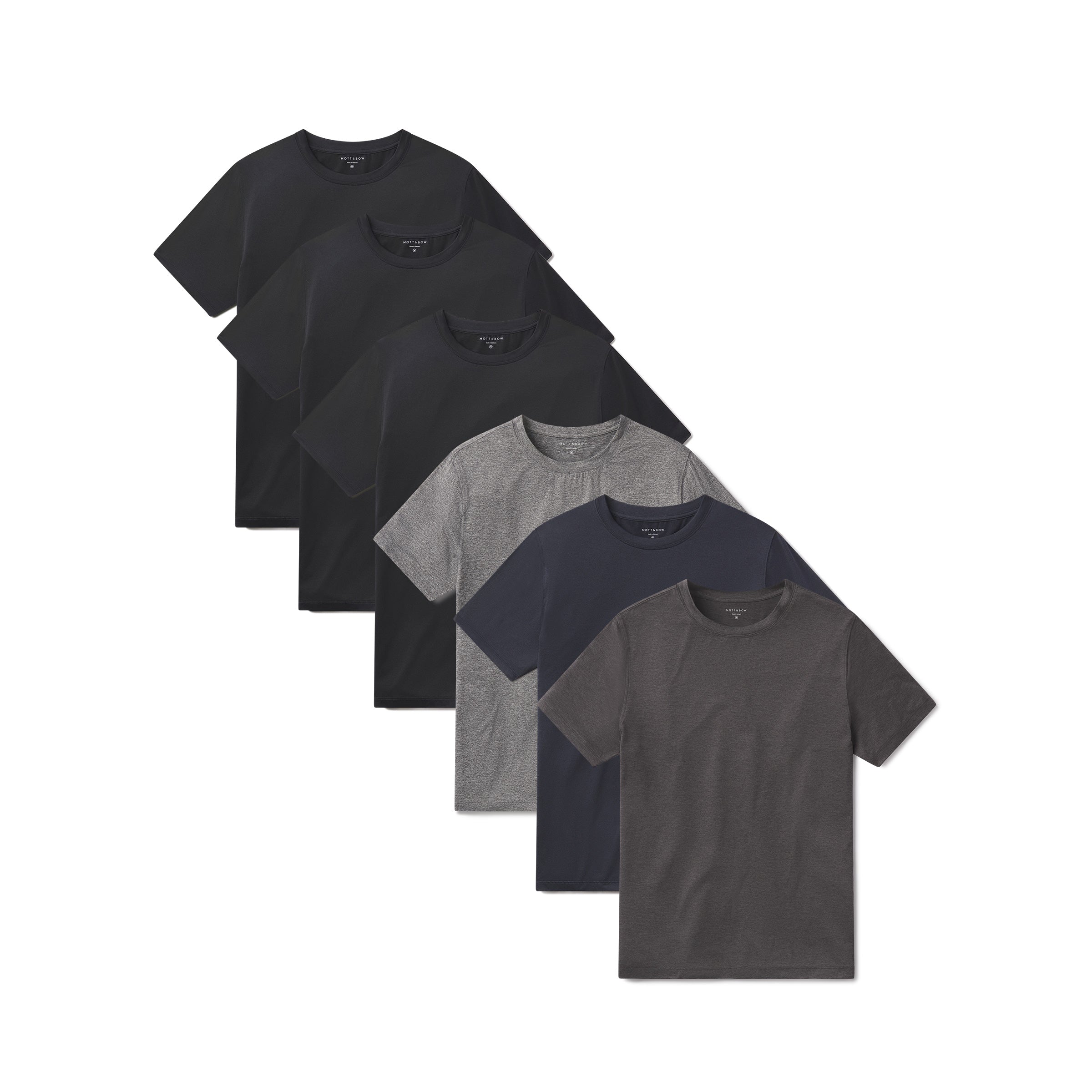  wearing Black Heather/Black Heather/Black Heather/Navy Heather/Charcoal Heather/Heather Gray Tech Tee 6-Pack tees