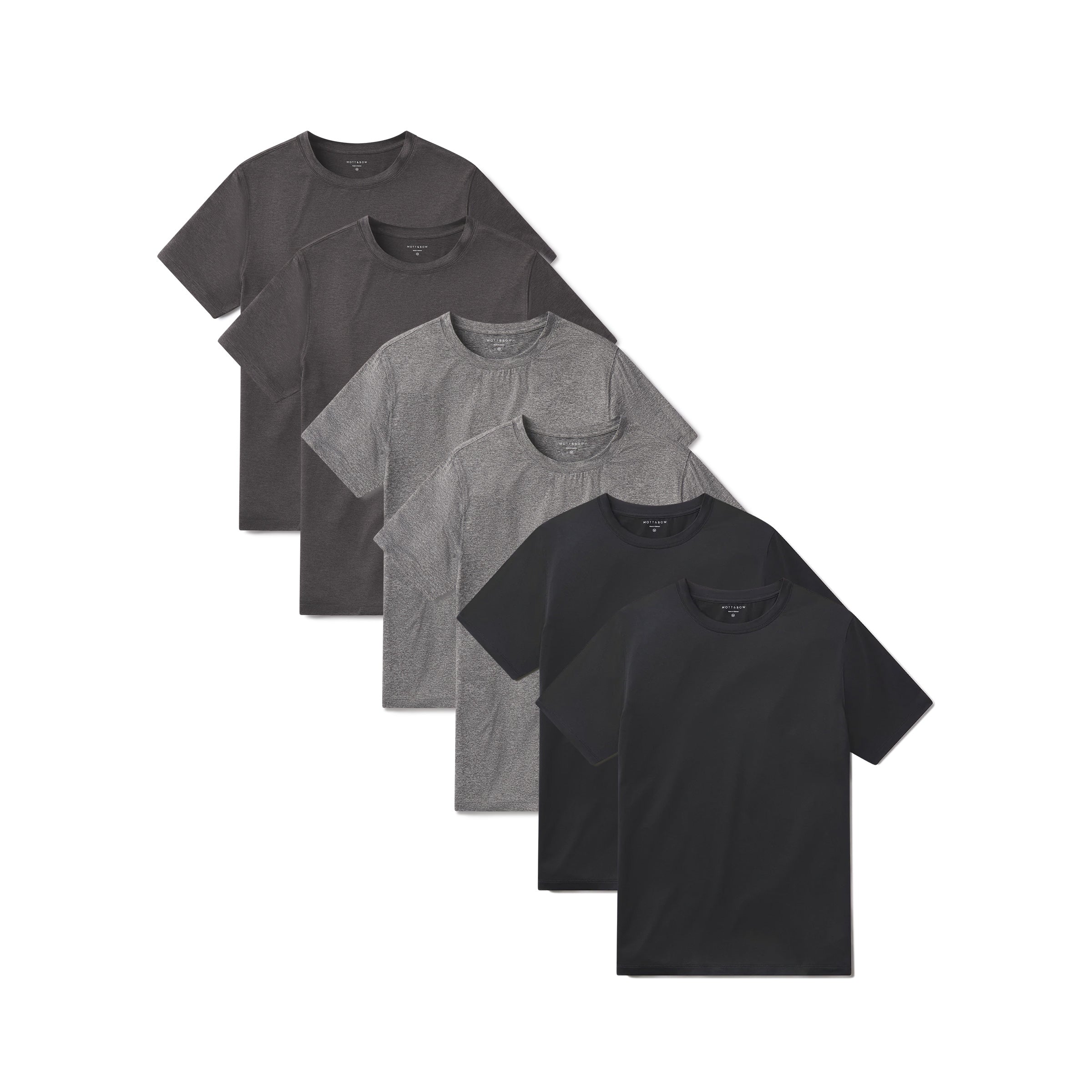  wearing Black Heather/Charcoal Heather/Heather Gray Tech Tee 6-Pack tees