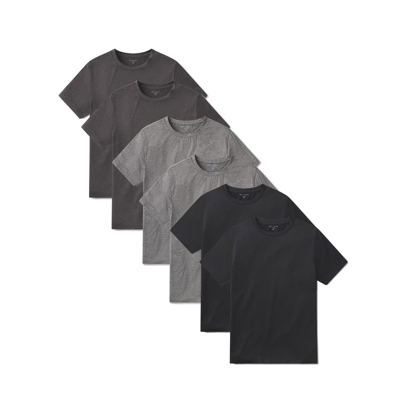  wearing Black Heather/Charcoal Heather/Heather Gray Tech Tee 6-Pack tees