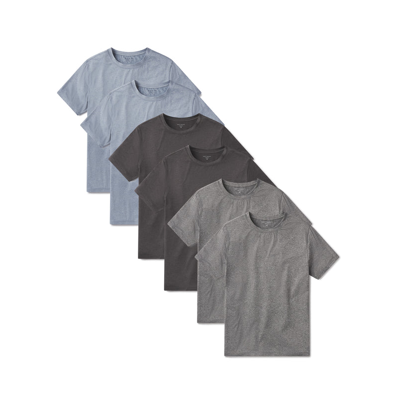  wearing Sky Blue Heather/Heather Gray/Charcoal Heather Tech Tee 6-Pack tees