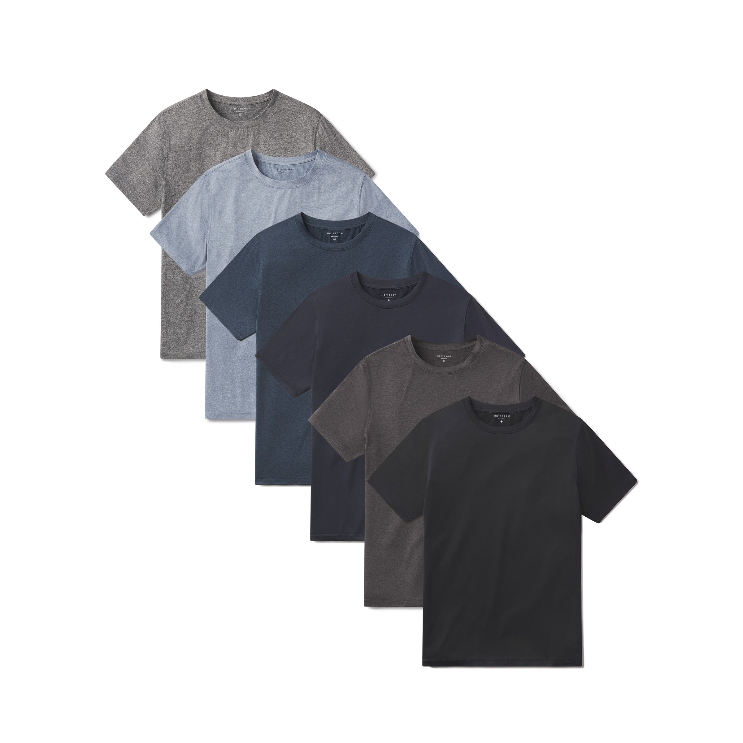 wearing Sky Blue Heather/Heather Gray/Charcoal Heather/Navy Heather/Black Heather Tech Tee 6-Pack tees