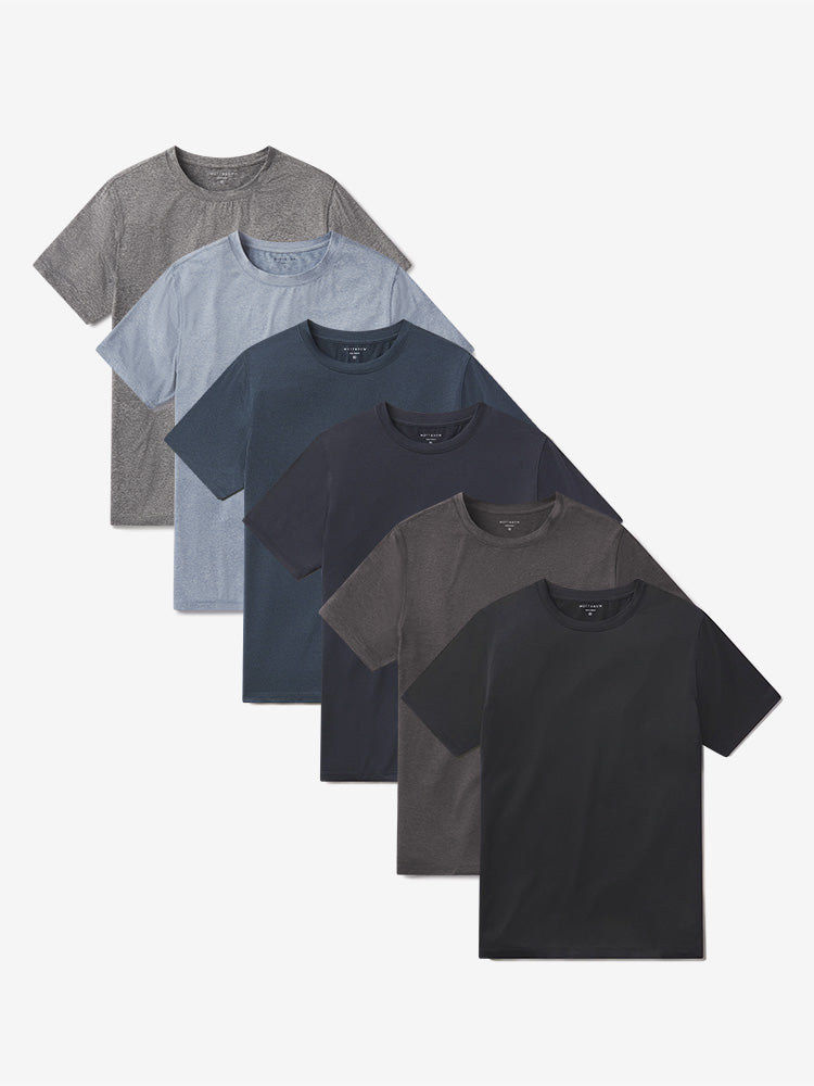  wearing Sky Blue Heather/Heather Gray/Charcoal Heather/Navy Heather/Black Heather Tech Tee 6-Pack