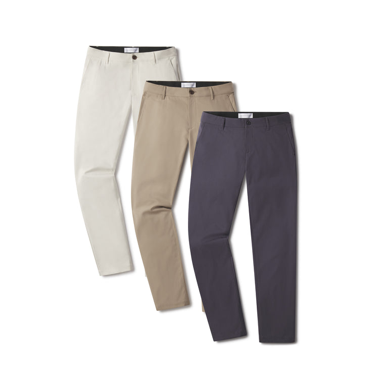  wearing Stone/Khaki/Granite Slim Tech Pants 3-Pack