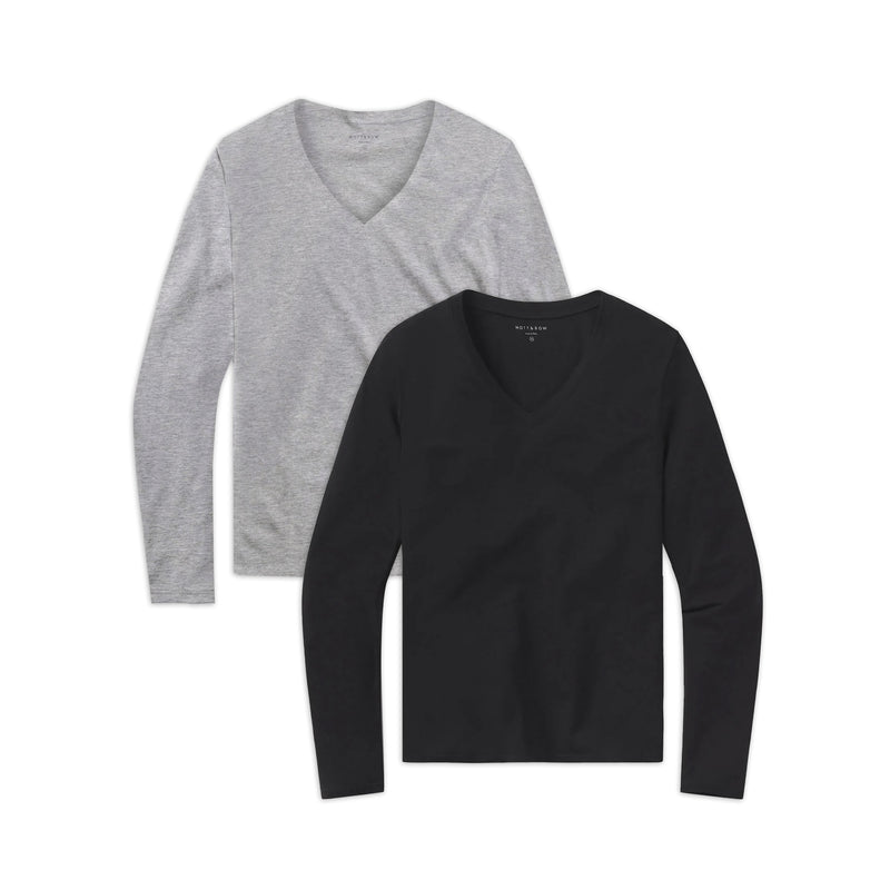 Women wearing Heather Gray/Black Long Sleeve V-Neck Tee Marcy 2-Pack tees
