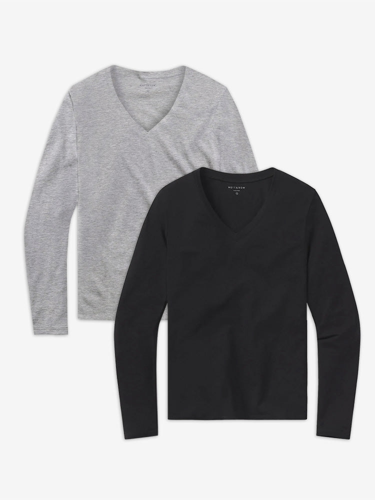  wearing Heather Gray/Black Long Sleeve V-Neck Tee Marcy 2-Pack