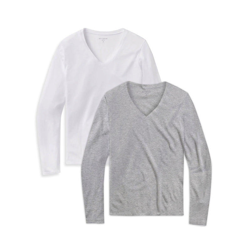  wearing White/Heather Gray Long Sleeve V-Neck Tee Marcy 2-Pack