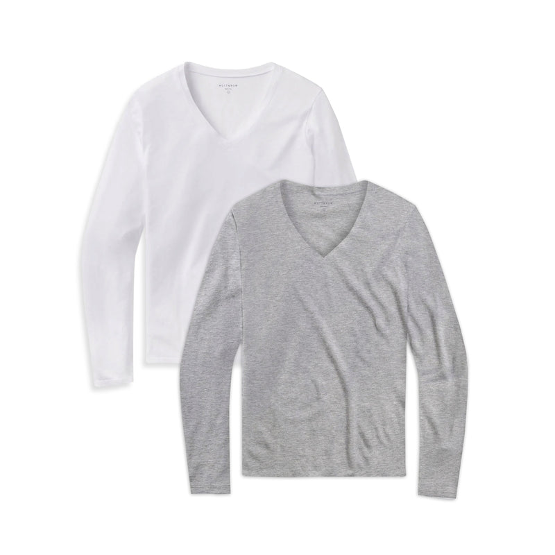 Women wearing White/Heather Gray Long Sleeve V-Neck Tee Marcy 2-Pack tees