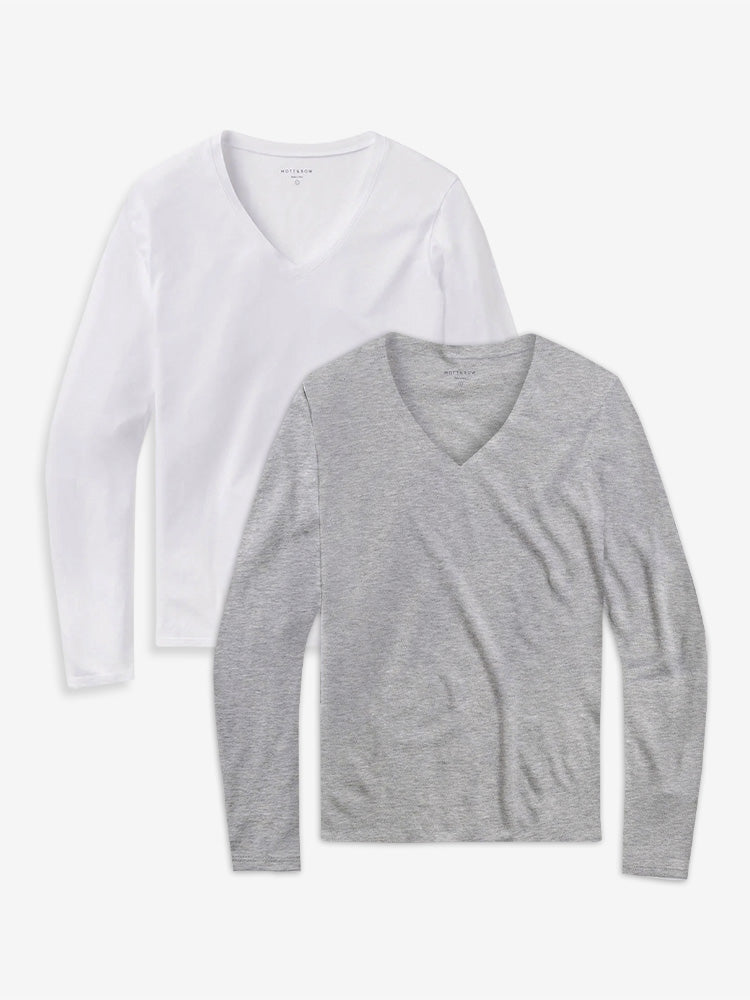  wearing White/Heather Gray Long Sleeve V-Neck Tee Marcy 2-Pack tees