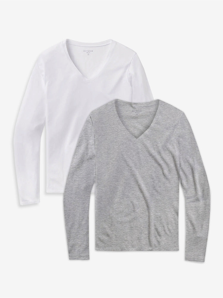 Women wearing White/Heather Gray Long Sleeve V-Neck Tee Marcy 2-Pack tees