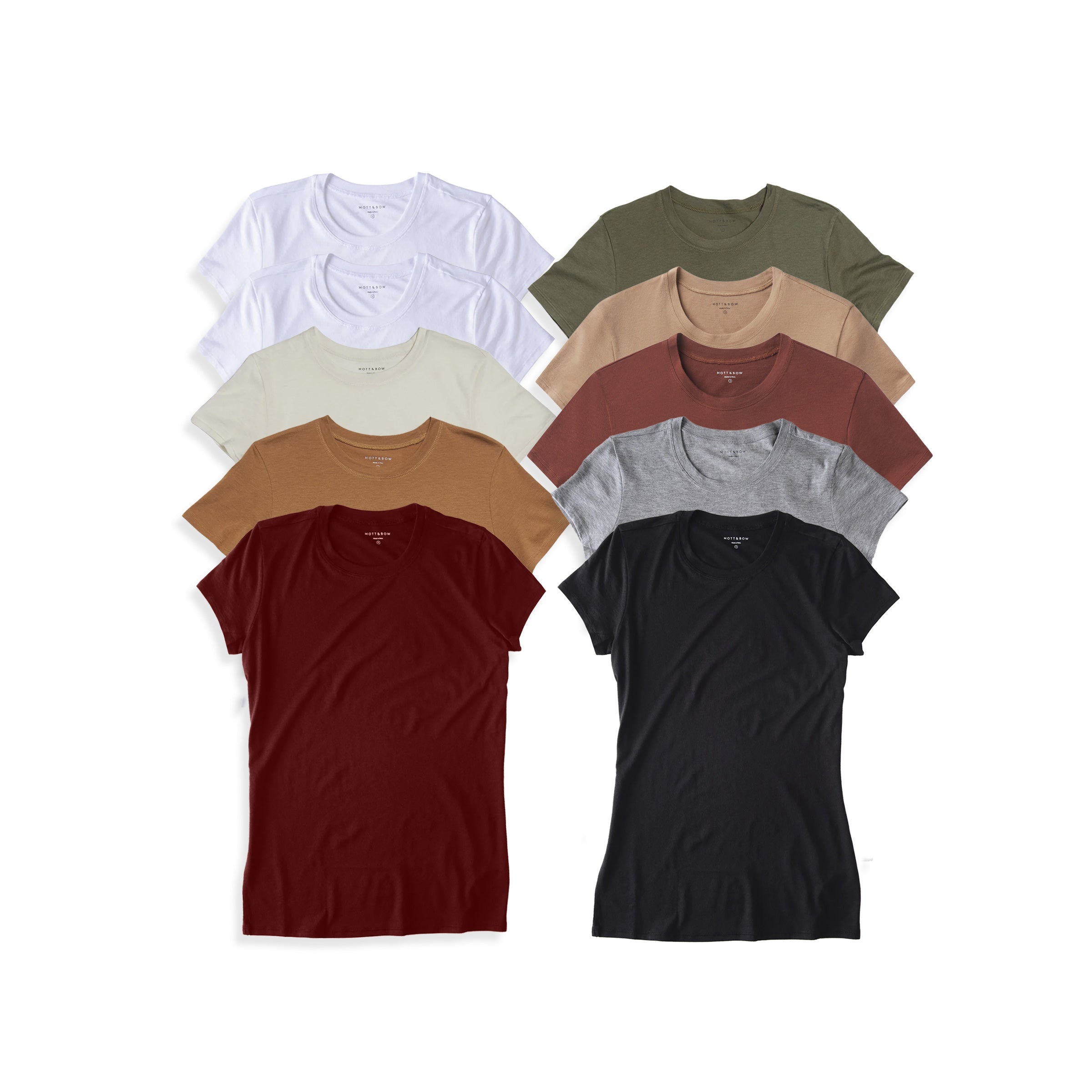 Women wearing Military Green/White/White/Cardamom/Heather Gray/Crimson/Sienna/Mocha/Vintage White/Black Fitted Crew Marcy 10-Pack tees