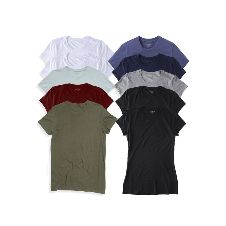  wearing 2 White/2 Black/1 Heather Gray/1 Crimson/1 Vintage Navy/1 Navy/1 Military Green/1 Vine SPECIAL 10-PACK: CREW MARCY TEE