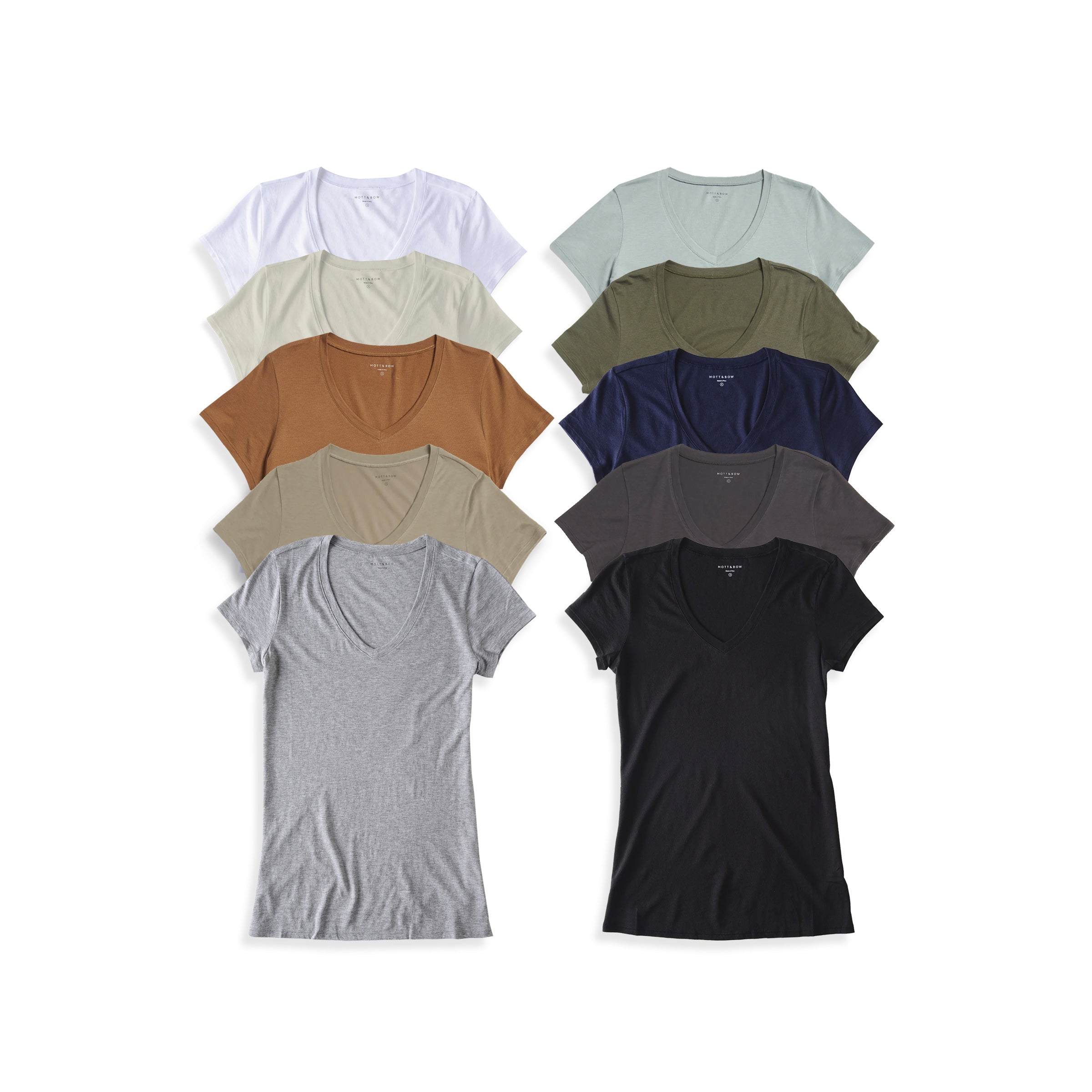 Women wearing White/Vintage White/Cardamom/Olive/Heather Gray/Vine/Military Green/Navy/Noche Gray/Black Fitted V-Neck Marcy 10-Pack (Copy)