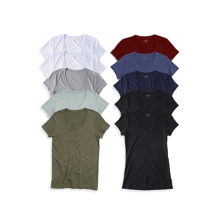  wearing 2 White/2 Black/1 Heather Gray/1 Crimson/1 Vintage Navy/1 Navy/1 Military Green/1 Vine SPECIAL 10-PACK: V-NECK MARCY TEE