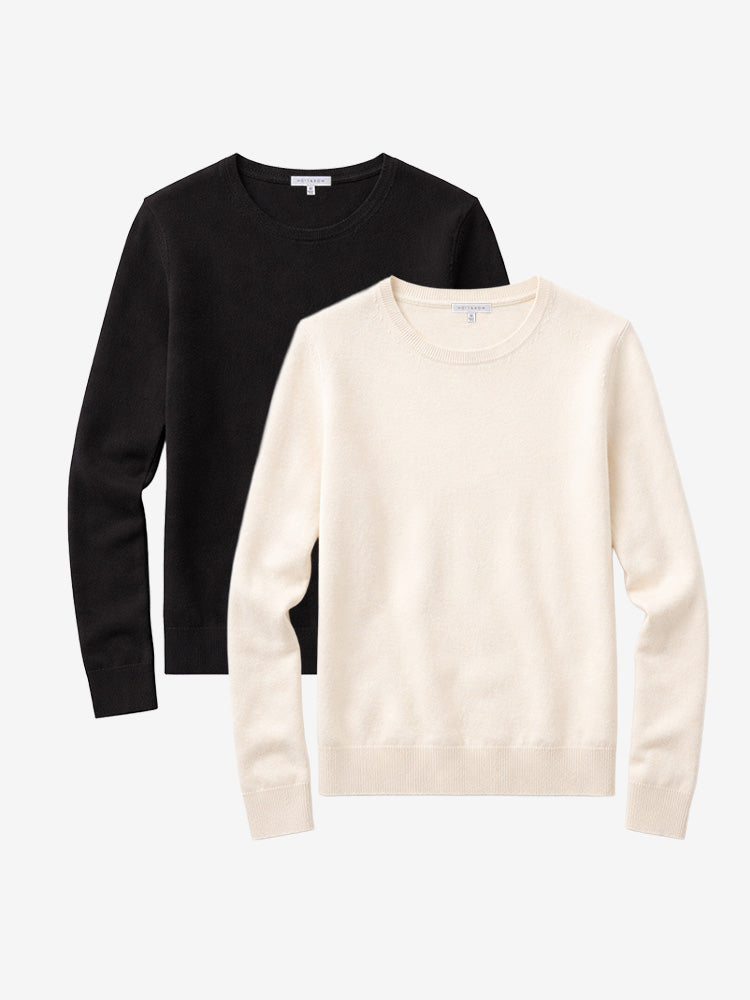 Women wearing Cream/Black Cashmere Raglan Crew Cambridge Sweater 2-Pack