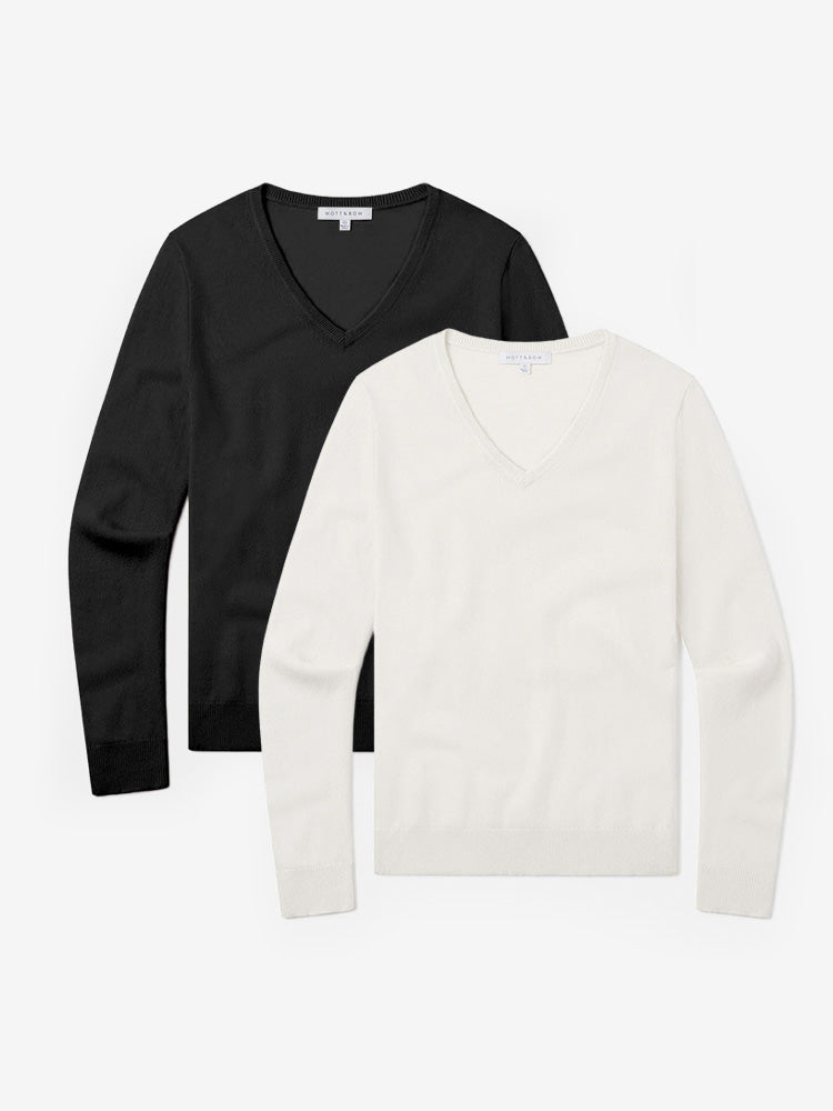 Women wearing Cream/Black Cashmere V-Neck Willow Sweater 2-Pack