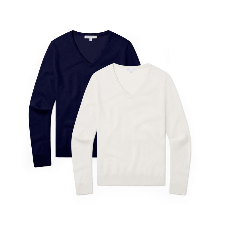 Women wearing Navy/Cream Cashmere V-Neck Willow Sweater 2-Pack sweaters