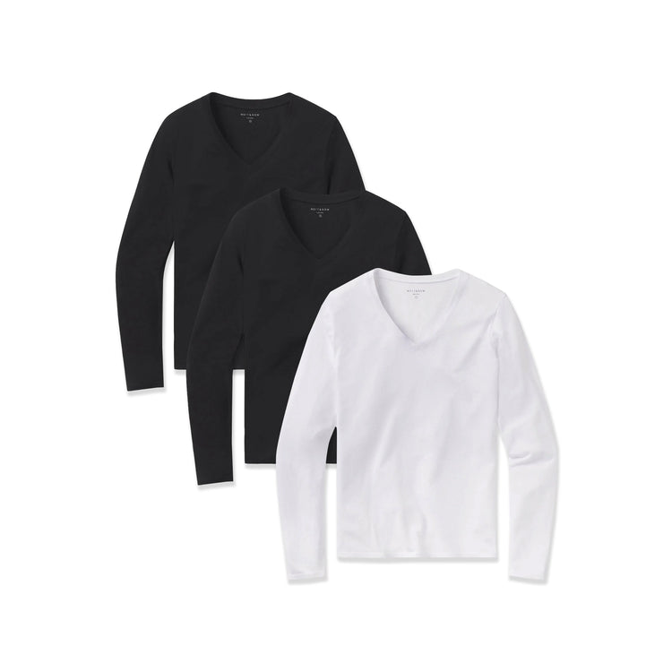 Women wearing 2 Black/1 White Long Sleeve V-Neck Tee Marcy 3-Pack