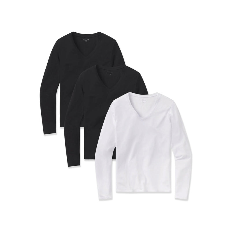 Women wearing 2 Black/1 White Long Sleeve V-Neck Tee Marcy 3-Pack tees