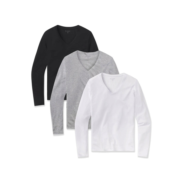 Women wearing Black/Heather Gray/White Long Sleeve V-Neck Tee Marcy 3-Pack