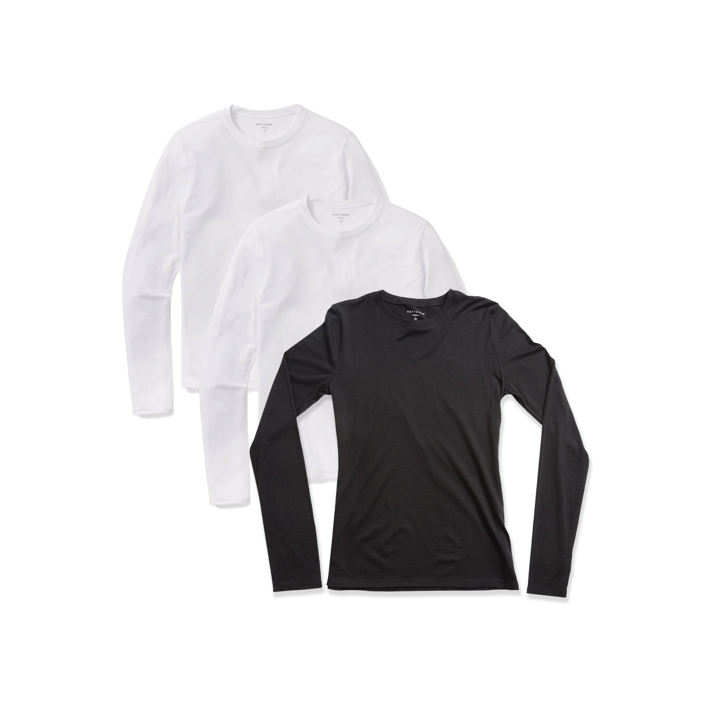 Women wearing 2 White/1 Black Long Sleeve Crew Tee Marcy 3-Pack tees