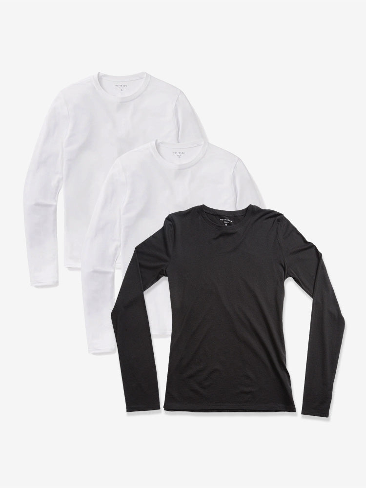 Women wearing 2 White/1 Black Long Sleeve Crew Tee Marcy 3-Pack