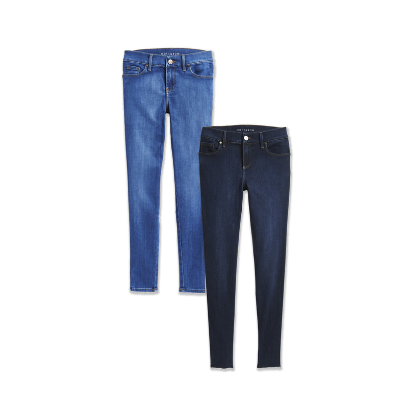 Women wearing Faded Medium/Dark Blue W/Raw Hem / Medium Blue Mid Rise Skinny Jane 2-Pack jeans