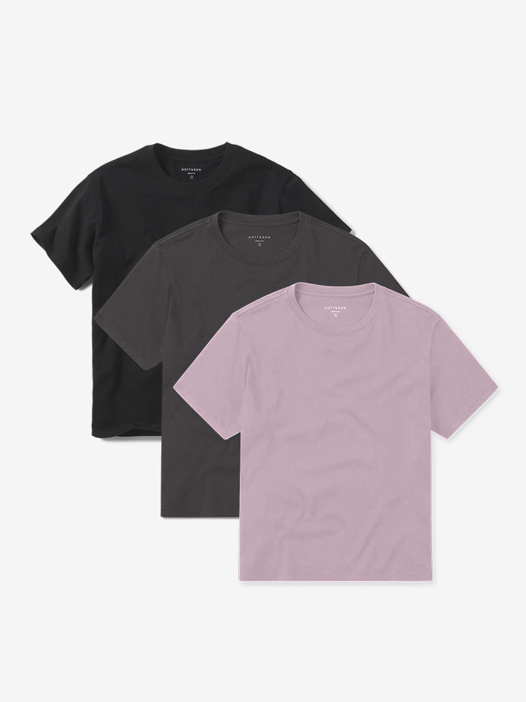 Women wearing Dark Gray/Black/Rose Pink Everyday Cotton Crew Tee 3-Pack