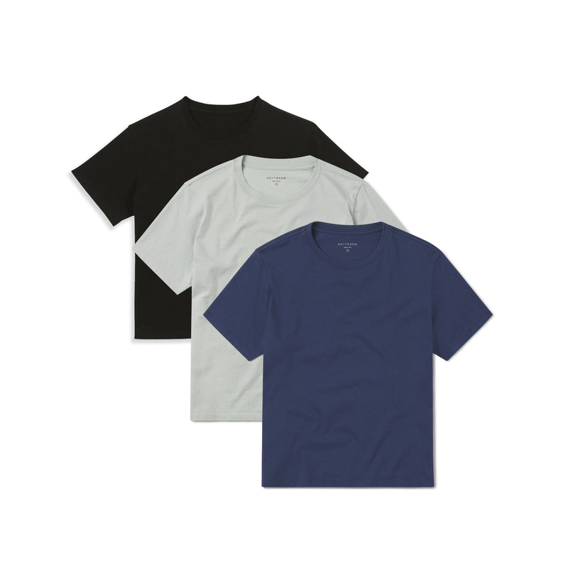 Women wearing Venice Blue/Honeydew/Black Everyday Cotton Crew Tee 3-Pack tees