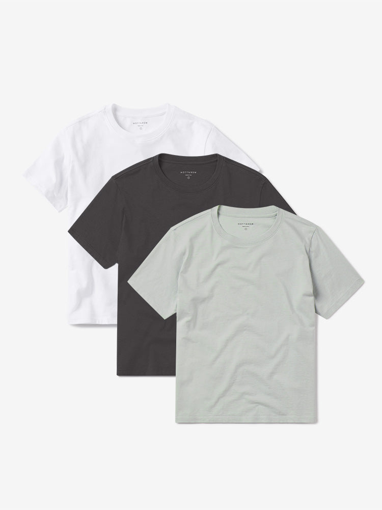 Women wearing White/Honeydew/Dark Gray Everyday Cotton Crew Tee 3-Pack