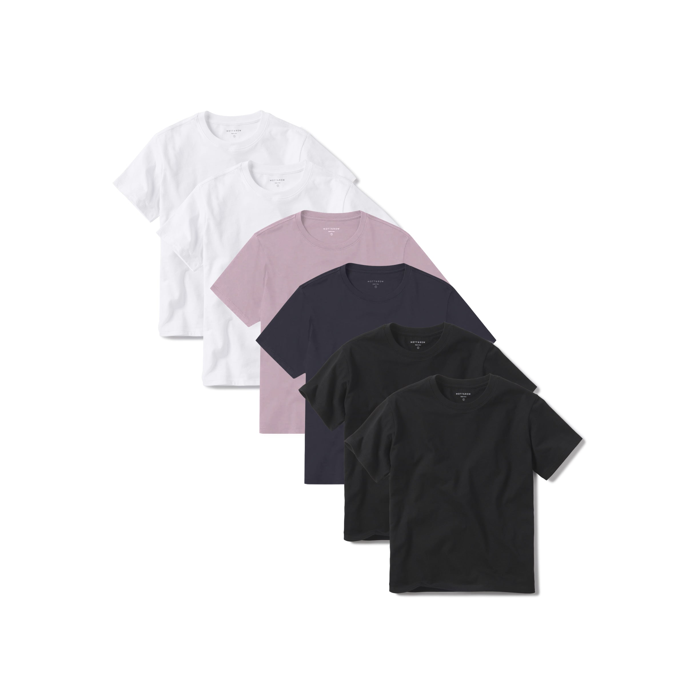 Women wearing White/White/Rose Pink/Navy/Black/Black Everyday Cotton Crew Tee 6-Pack tees