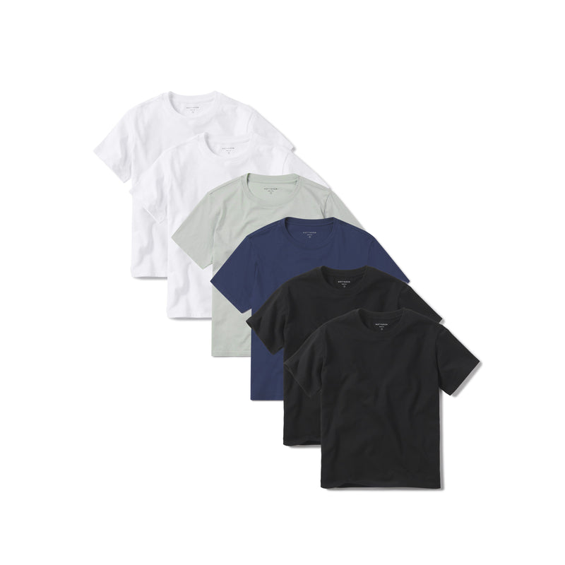 Women wearing White/White/Honeydew/Venice Blue/Black/Black Everyday Cotton Crew Tee 6-Pack tees