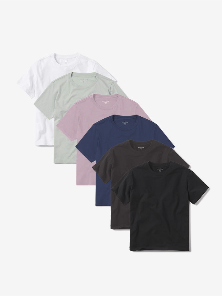 Women wearing White/Honeydew/Rose Pink/Venice Blue/Dark Gray/Black Everyday Cotton Crew Tee 6-Pack