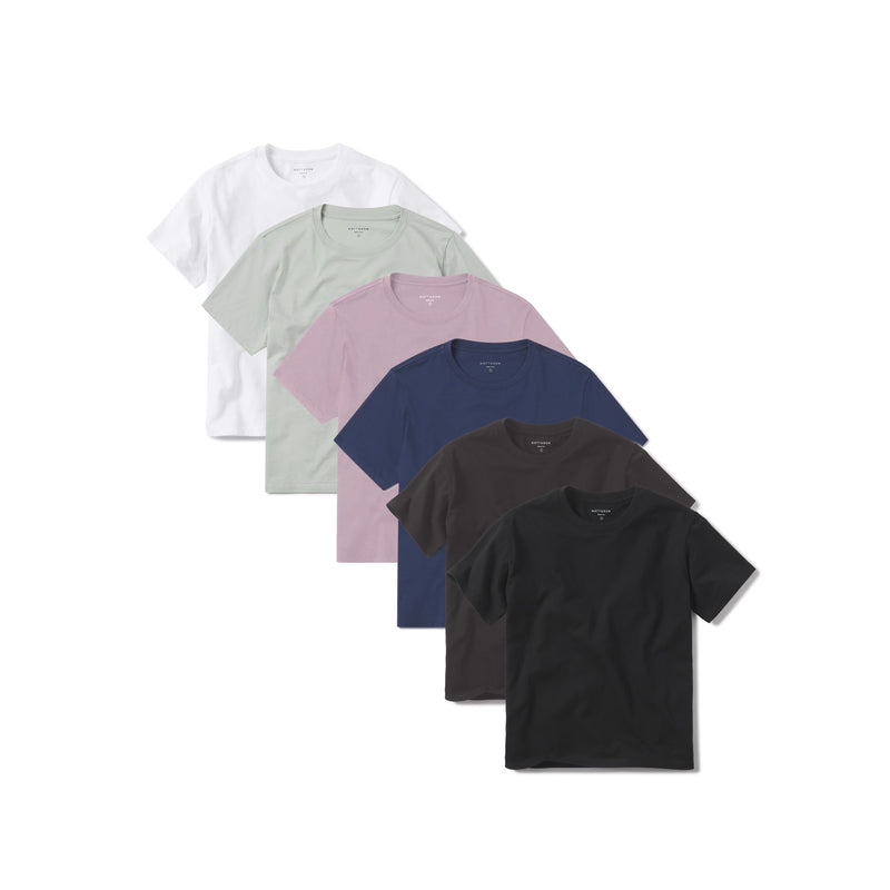 Women wearing White/Honeydew/Rose Pink/Venice Blue/Dark Gray/Black Everyday Cotton Crew Tee 6-Pack tees