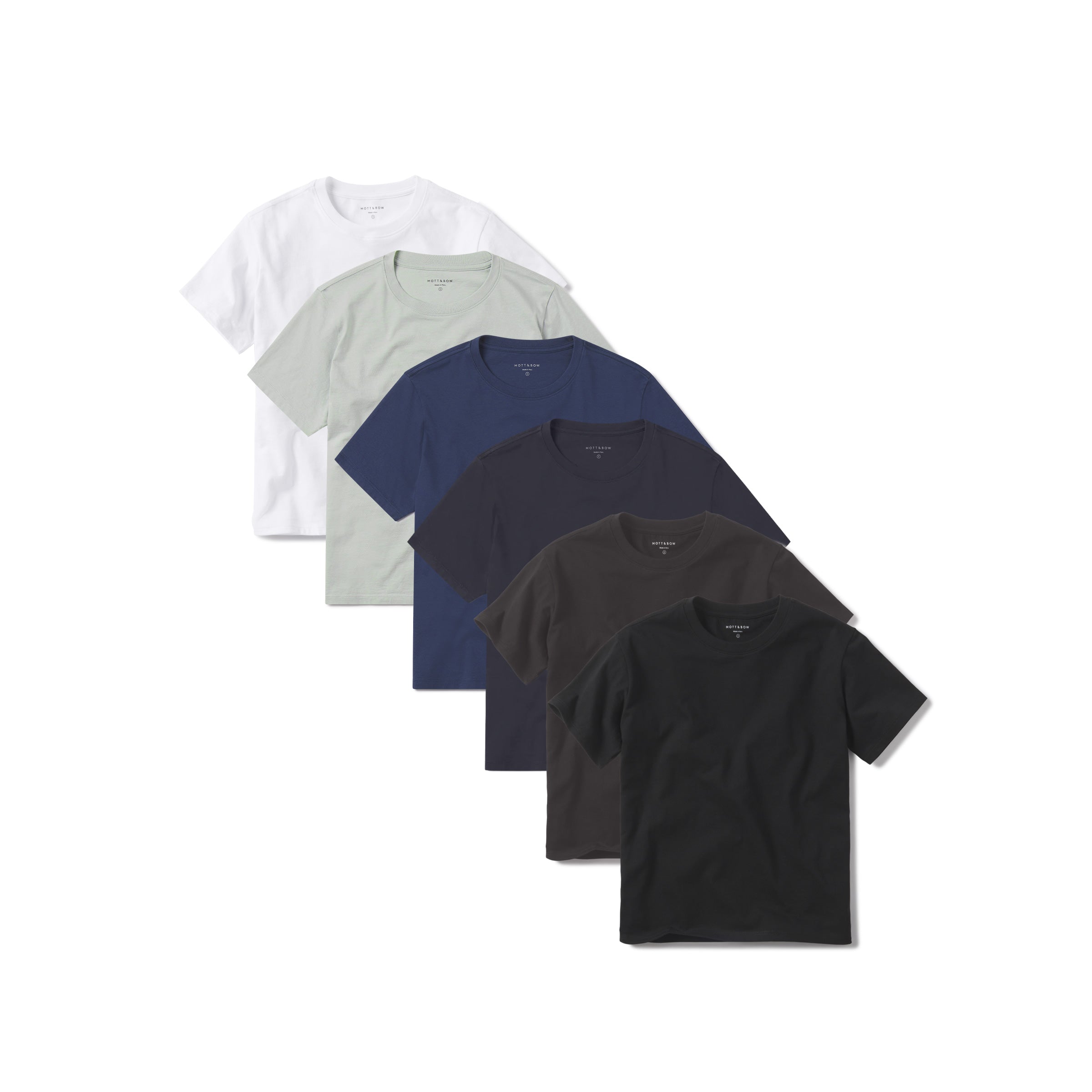 Women wearing White/Honeydew/Venice Blue/Navy/Dark Gray/Black Everyday Cotton Crew Tee 6-Pack tees