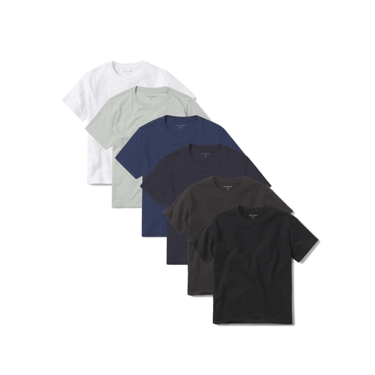 Women wearing White/Honeydew/Venice Blue/Navy/Dark Gray/Black Everyday Cotton Crew Tee 6-Pack