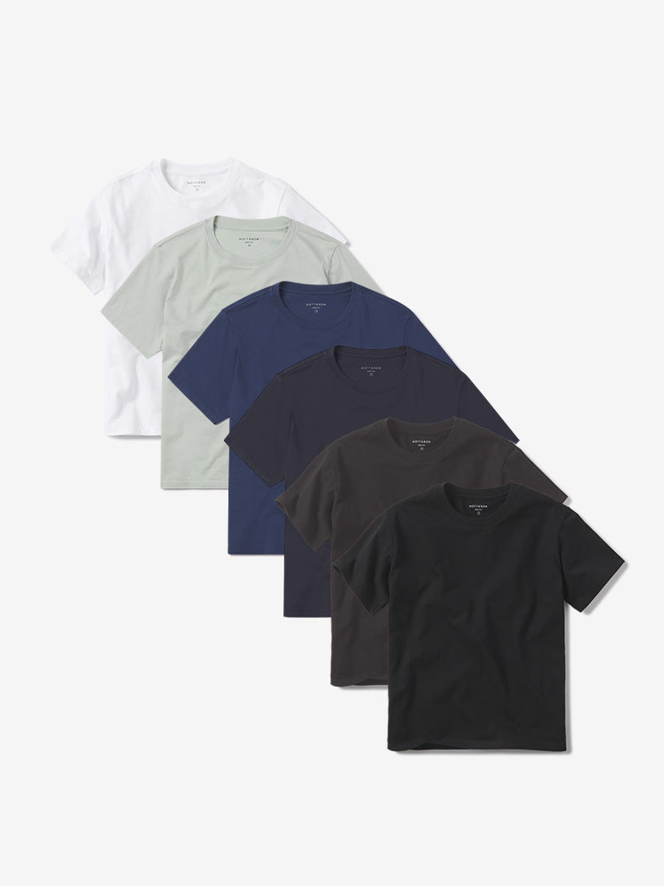 Women wearing White/Honeydew/Venice Blue/Navy/Dark Gray/Black Everyday Cotton Crew Tee 6-Pack