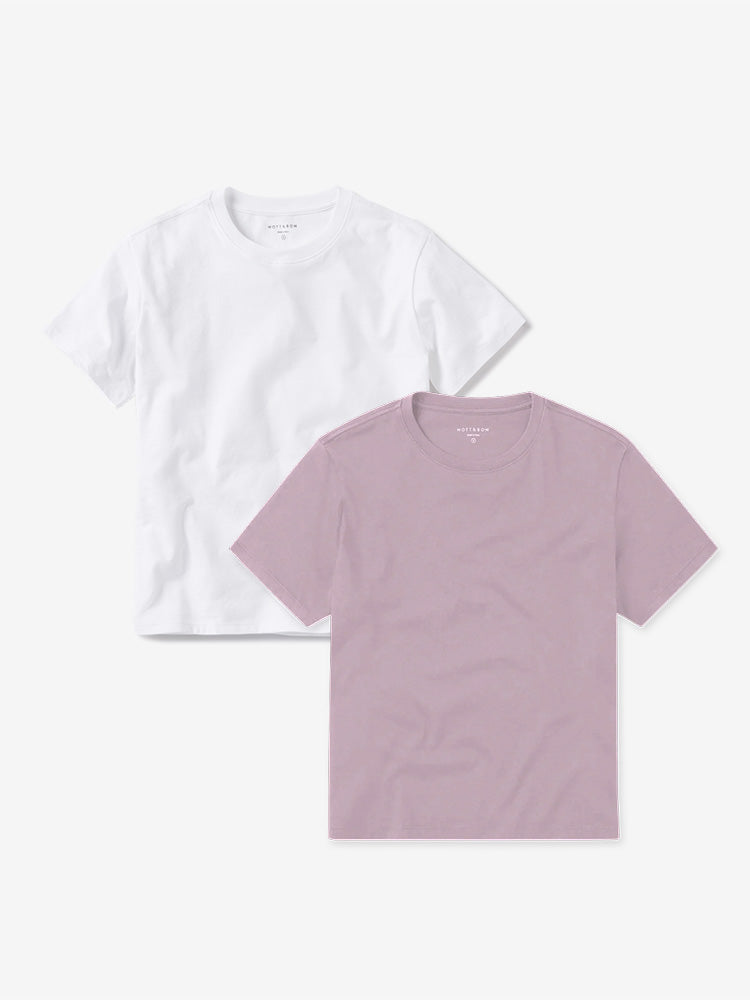 Women wearing White/Rose Pink Everyday Cotton Crew Tee 2-Pack