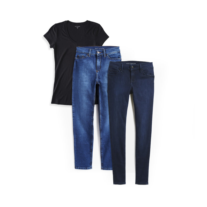Women wearing Default Title Set 01: 2 pair of Jeans + 1 Marcy Tee