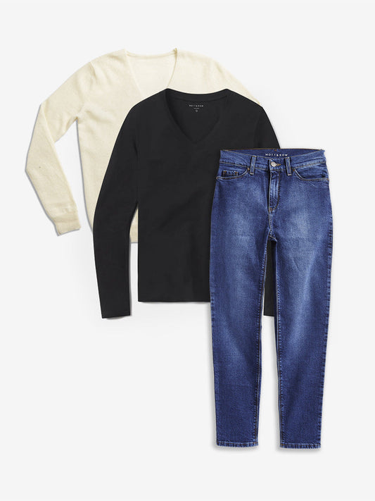 Set 09: 1 long sleeved Marcy tee + 1 cashmere sweater + 1 pair of jeans femmes