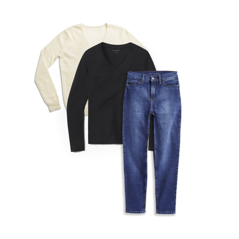  wearing Default Title Set 09: 1 long sleeved Marcy tee + 1 cashmere sweater + 1 pair of jeans