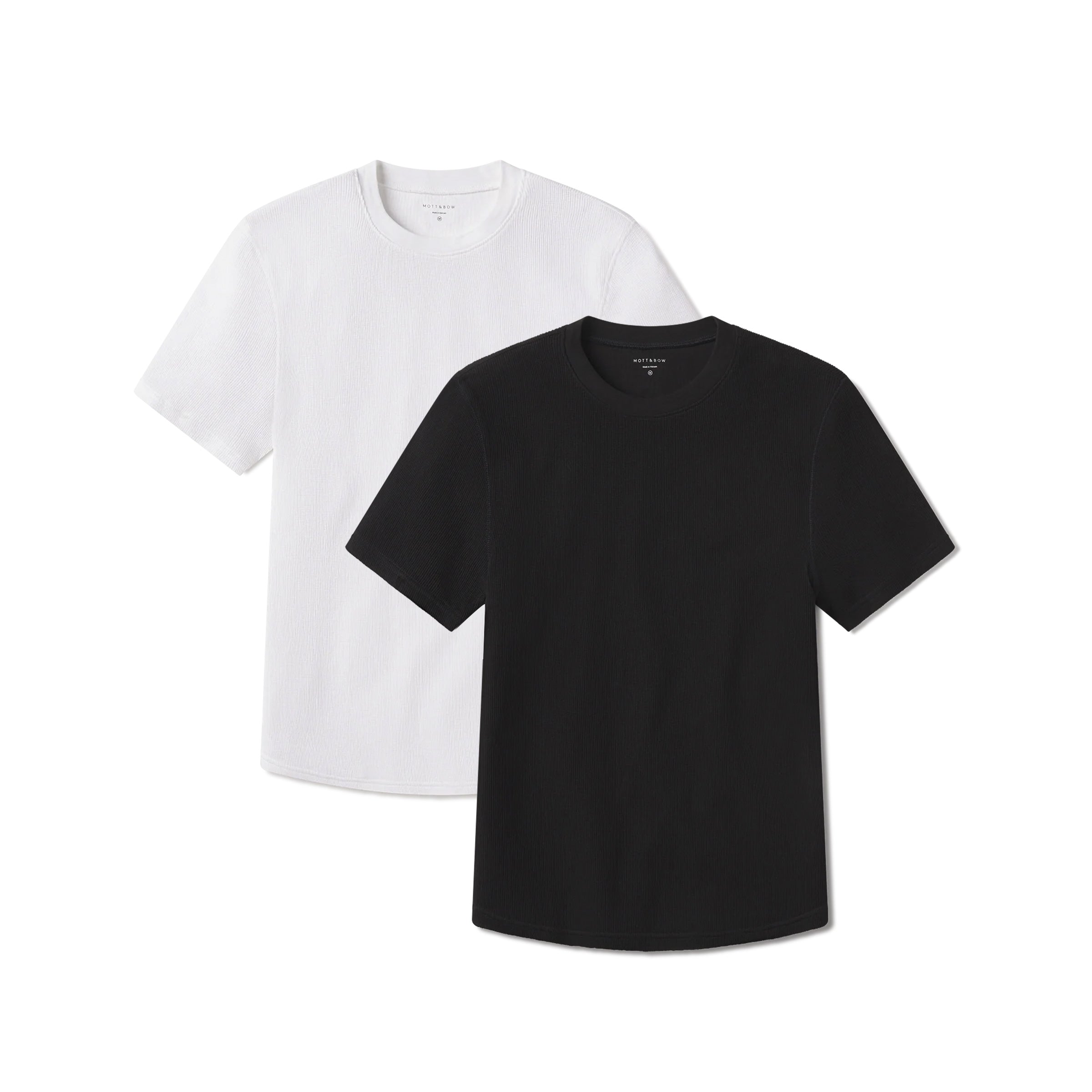 Men wearing Black/White Cotton Waffle Curved Hem Crew 2-Pack tees