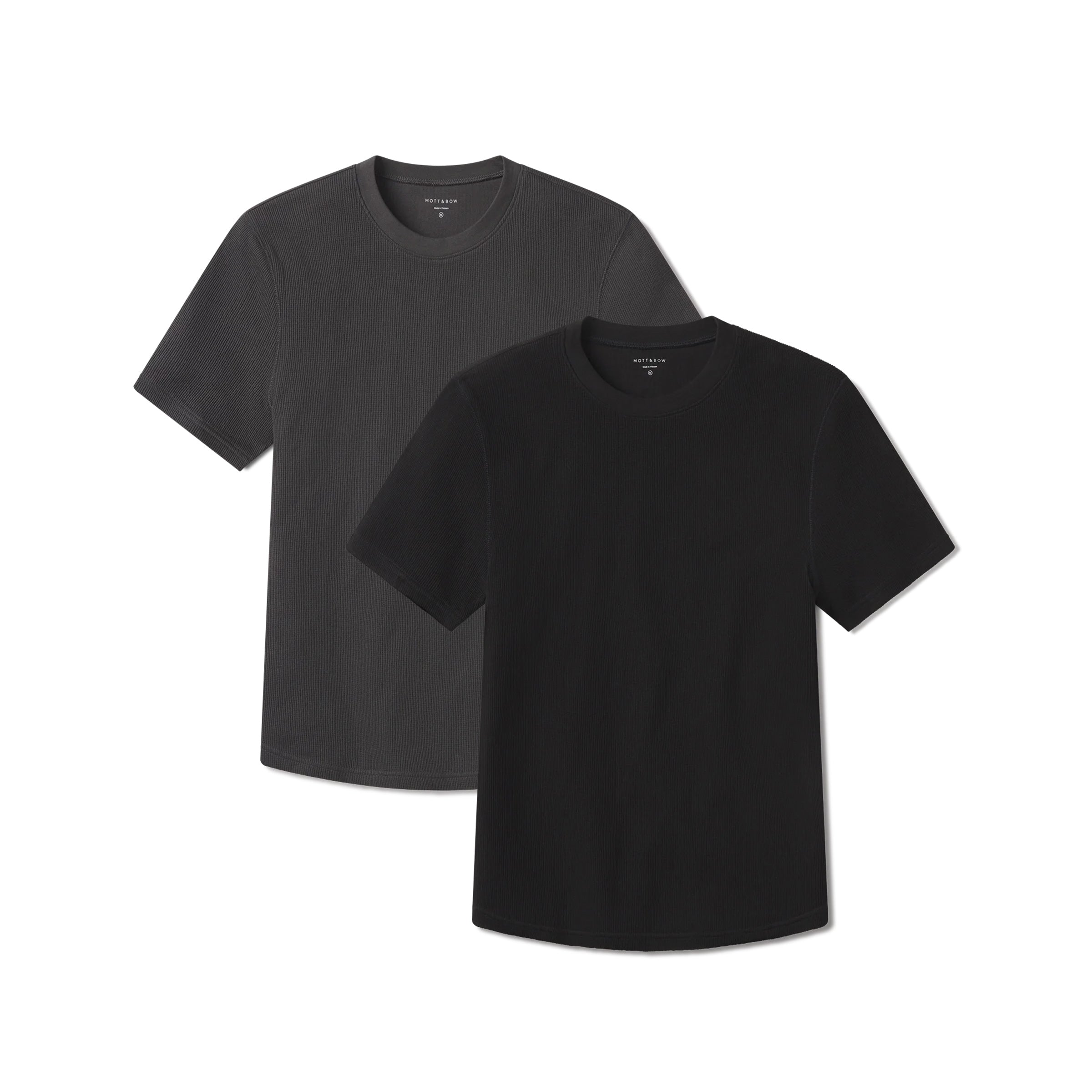 Men wearing Dark Gray/Black Cotton Waffle Curved Hem Crew 2-Pack tees