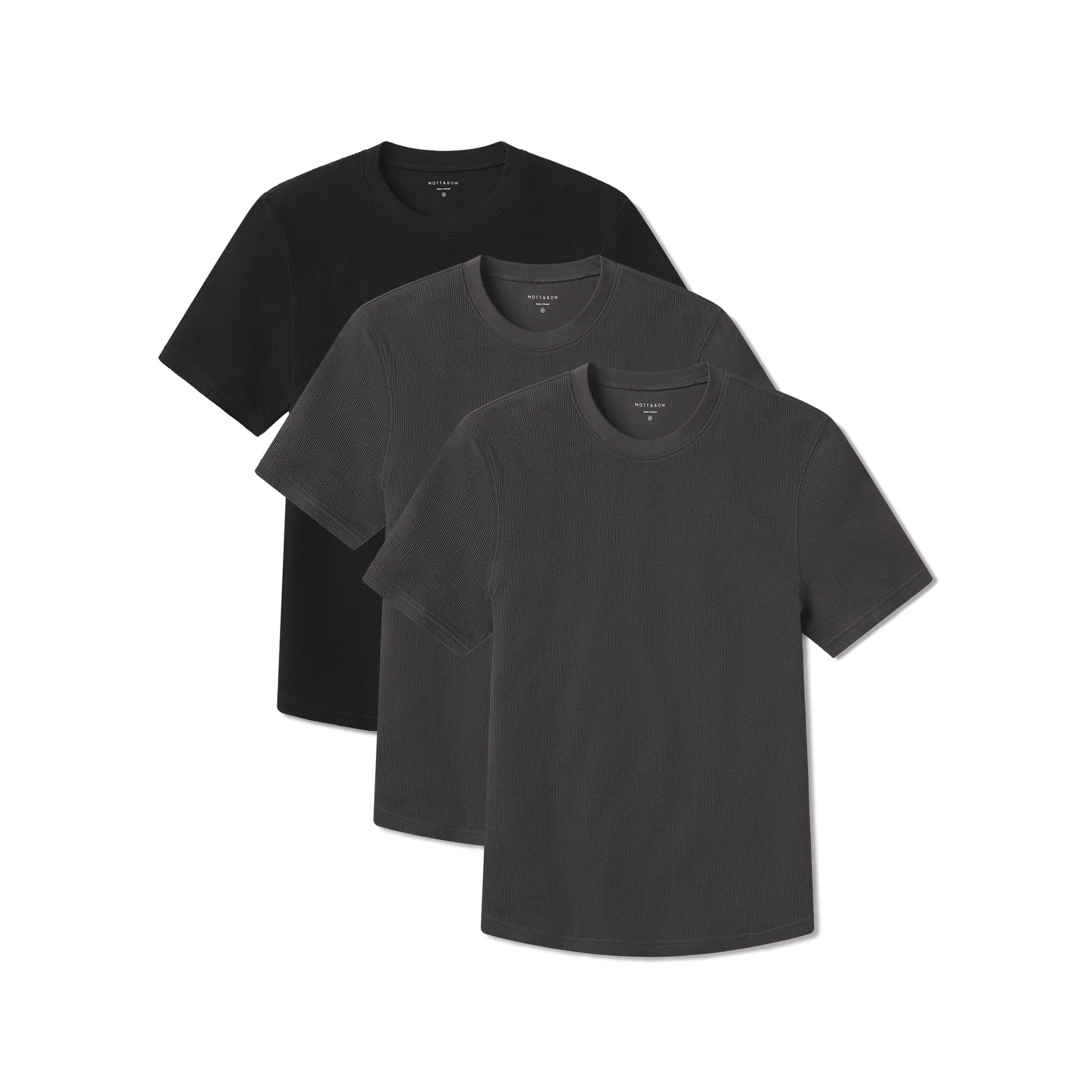 Men wearing Dark Gray/Dark Gray/Black Cotton Waffle Curved Hem Crew 3-Pack tees