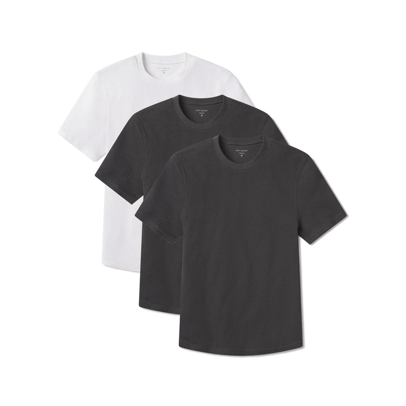 Men wearing Dark Gray/Dark Gray/White Cotton Waffle Curved Hem Crew 3-Pack tees