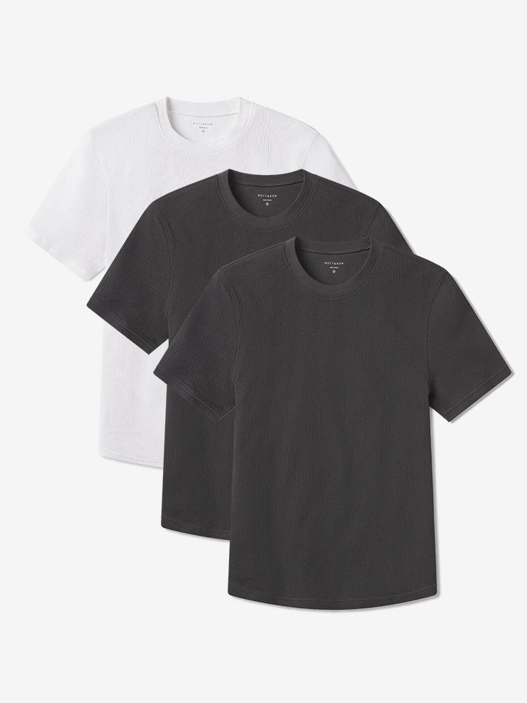 Men wearing Dark Gray/Dark Gray/White Cotton Waffle Curved Hem Crew 3-Pack