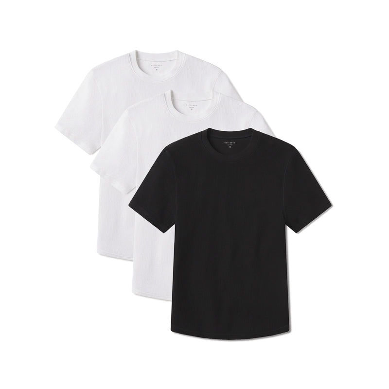 Men wearing White/White/Black Cotton Waffle Curved Hem Crew 3-Pack tees