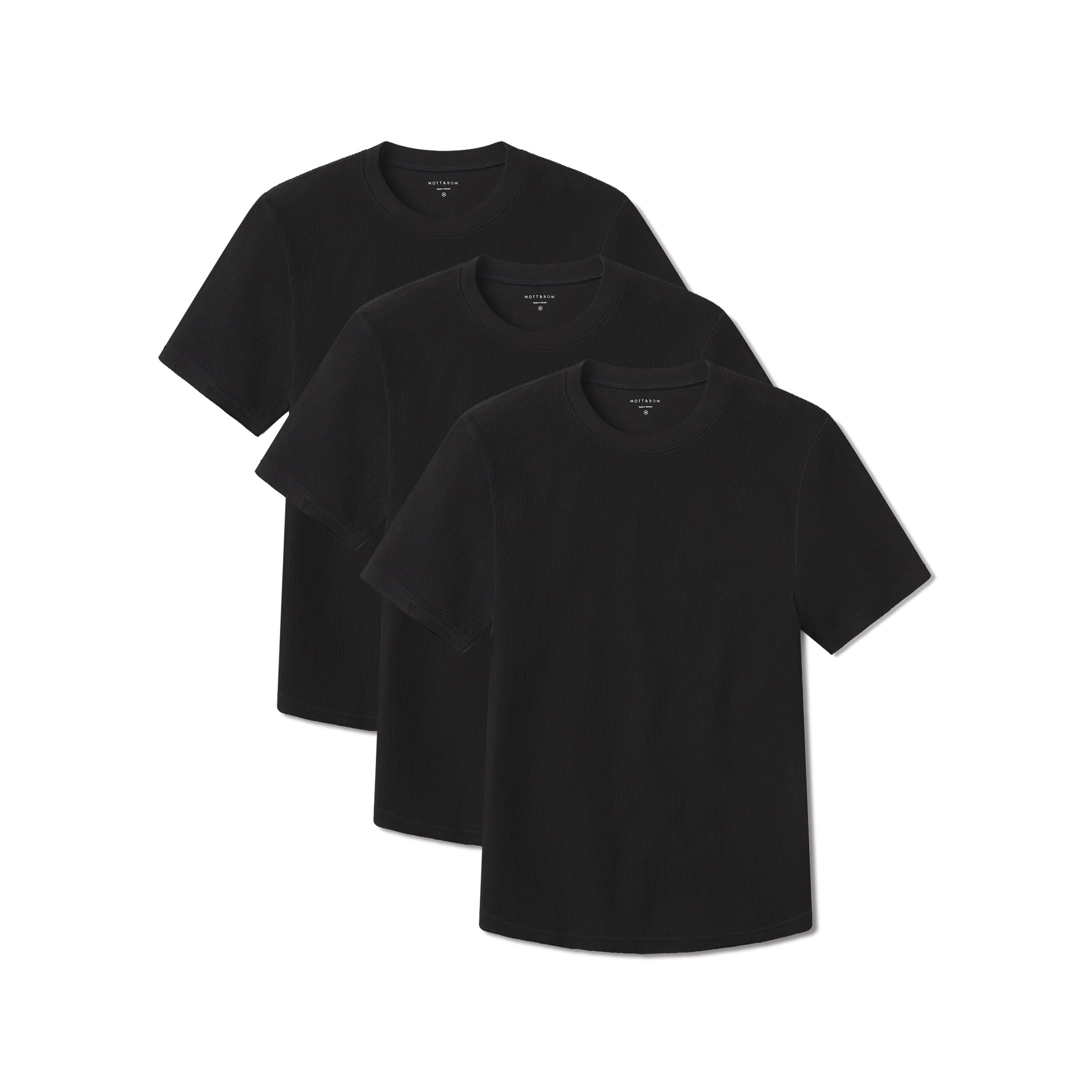 Men wearing Black Cotton Waffle Curved Hem Crew 3-Pack tees