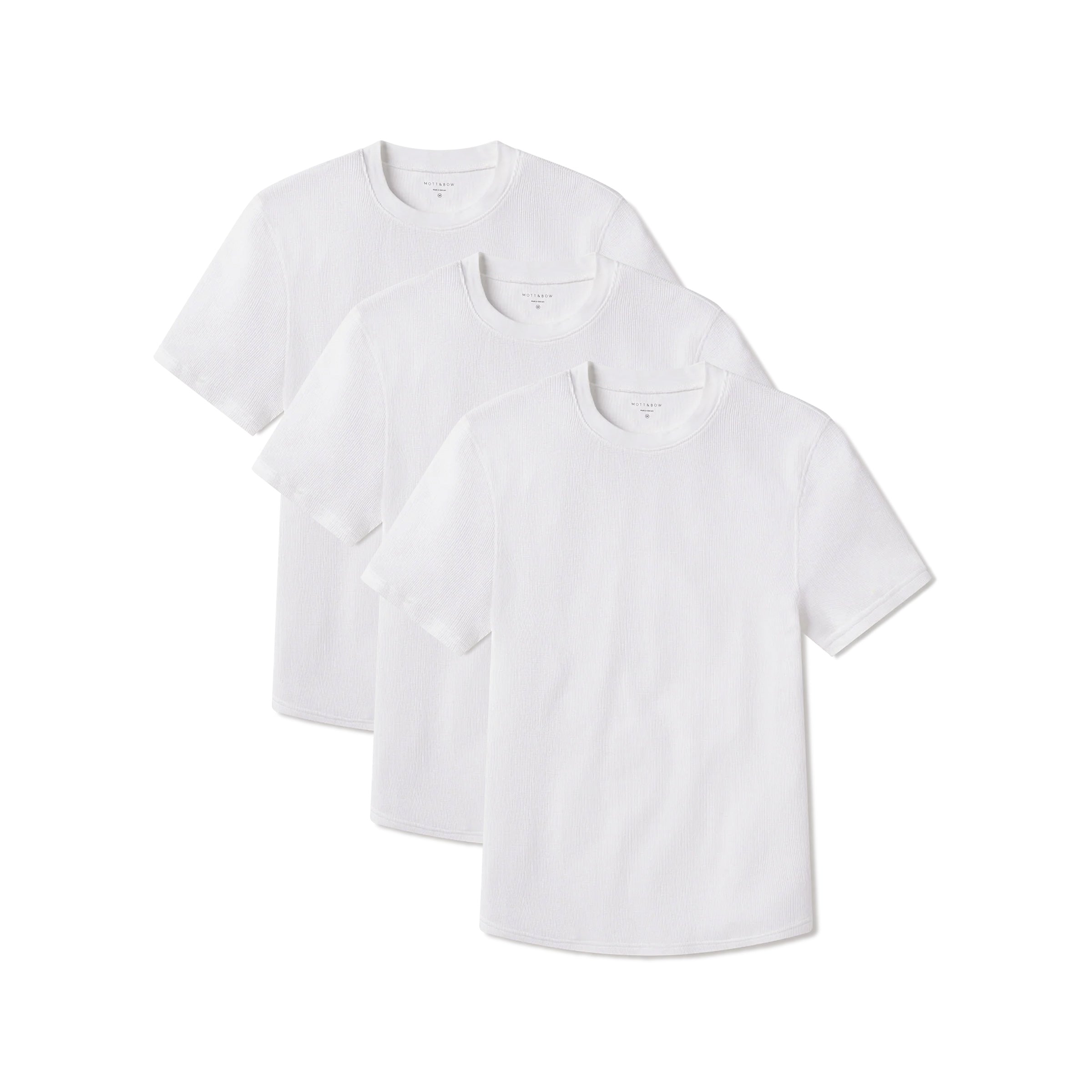 Men wearing White Cotton Waffle Curved Hem Crew 3-Pack tees
