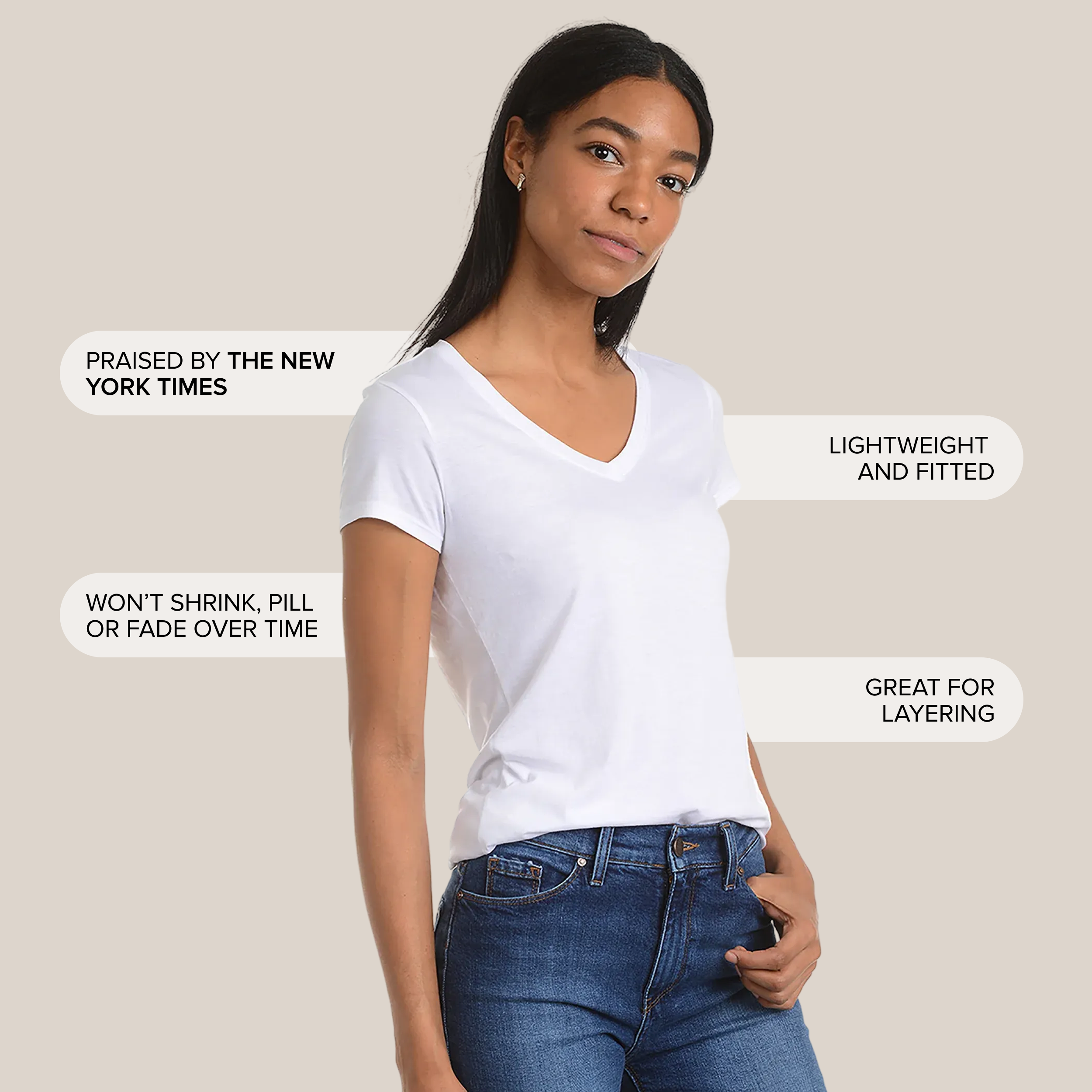 Women wearing White Fitted V-Neck Marcy Tee