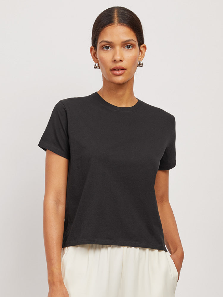 Women wearing White Boxy Not See-Through Crew Tee tees